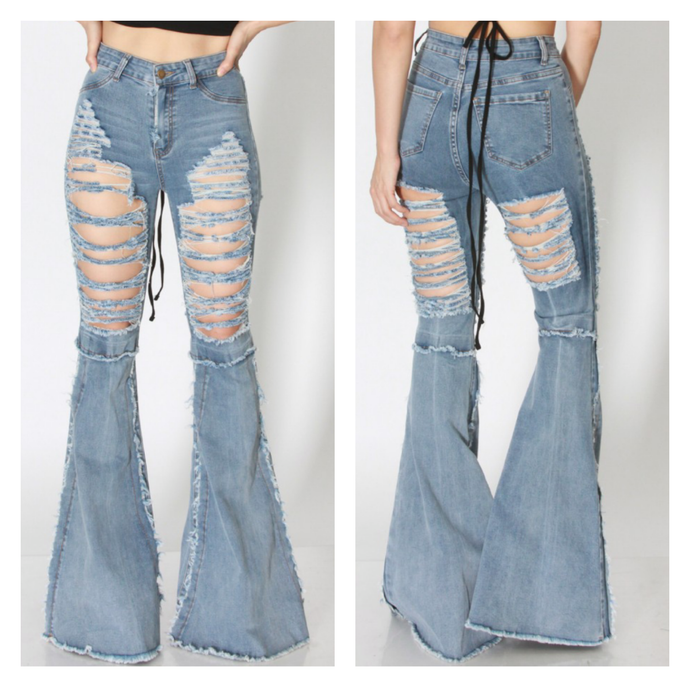 Distressed Thigh Bell Bottoms