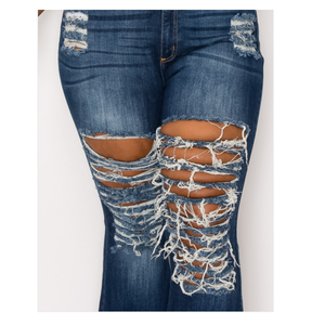 Distressed Thigh Flare Jeans