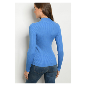 Blue Ribbed Knit Sweater